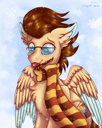 Size: 2700x3375 | Tagged: safe, artist:ingolf arts, imported from derpibooru, oc, oc only, oc:ingolf, pegasus, pony, :p, clothes, cute, ear fluff, facial hair, glasses, high res, male, pegasus oc, scarf, snow, snowfall, solo, stallion, striped scarf, tongue out, wings