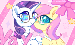 Size: 1136x680 | Tagged: safe, artist:memengla, imported from derpibooru, fluttershy, rarity, pegasus, pony, unicorn, abstract background, bust, duo, female, flarity, folded wings, glasses, lesbian, looking at you, round glasses, shipping, smiling, smiling at you, wings, yay