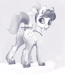 Size: 1410x1600 | Tagged: safe, artist:ponsce, imported from derpibooru, earth pony, pony, :p, adoraposey, bow, butt, cute, female, g5, hair bow, jewelry, looking at you, looking back, looking back at you, mare, monochrome, necklace, plot, ponytail, posey bloom, raised tail, smiling, solo, tail, tail bow, tongue out, unshorn fetlocks