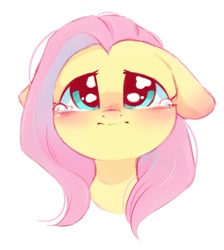Size: 861x963 | Tagged: safe, artist:melodylibris, imported from derpibooru, fluttershy, pegasus, pony, blushing, bust, crying, cute, ear blush, female, floppy ears, front view, full face view, mare, portrait, sad, sadorable, shyabetes, simple background, solo, teary eyes, white background