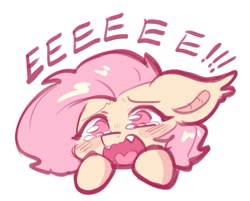 Size: 797x641 | Tagged: safe, artist:oofycolorful, imported from derpibooru, fluttershy, bat pony, pony, adorable distress, amogus, amogus eyes, among us, bat ponified, blush sticker, blushing, cute, cute little fangs, eeee, fangs, flutterbat, meme, open mouth, race swap, shyabetes, simple background, solo, teary eyes, white background