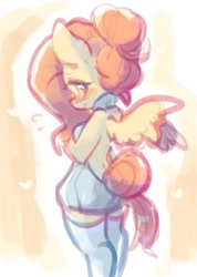 Size: 517x726 | Tagged: safe, artist:oofycolorful, imported from derpibooru, fluttershy, anthro, pegasus, alternate hairstyle, backless, blushing, clothes, embarrassed, female, looking at you, looking back, looking back at you, open-back sweater, sleeveless sweater, socks, solo, spread wings, sweater, thigh highs, virgin killer sweater, wavy mouth, wings