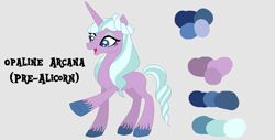 Size: 931x473 | Tagged: safe, artist:westrail642fan, imported from derpibooru, opaline arcana, crystal pony, pony, unicorn, rise and fall, spoiler:g5, spoiler:my little pony: make your mark, alternate universe, base used, female, g5, gray background, my little pony: make your mark, reference sheet, simple background, transparent background