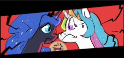 Size: 1018x478 | Tagged: safe, artist:haku nichiya, imported from derpibooru, princess celestia, princess luna, twilight sparkle, alicorn, pony, unicorn, cross-popping veins, crown, emanata, frown, jewelry, looking at each other, looking at someone, nose to nose, regalia, sibling rivalry, trio