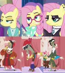 Size: 2732x3072 | Tagged: safe, edit, edited screencap, imported from derpibooru, screencap, discord, fluttershy, discordant harmony, fake it 'til you make it, accessory, alternate clothes, alternate hairstyle, ascot, braid, cane, carpet, clothes, cropped, curtains, dapper, discord viii, dress, ear piercing, earring, eyeshadow, fashion, female, fluttergoth, gangsta, glasses, hair bun, hat, henry viii, hipstershy, jewelry, leggings, makeup, male, medallion, pants, piercing, scarf, severeshy, shoes, suit, sunglasses, underwear, waistband, watch, wig