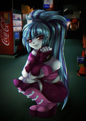 Size: 627x885 | Tagged: safe, artist:granatty, imported from derpibooru, sonata dusk, human, equestria girls, boots, clothes, coca-cola, disguise, disguised siren, lips, looking at you, ponytail, shoes, smiling, solo, squatting, tanktop, traffic cone, vending machine