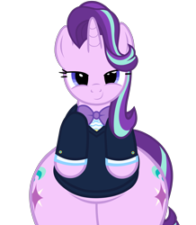 Size: 5600x6435 | Tagged: safe, alternate version, artist:mrvector, imported from derpibooru, starlight glimmer, pony, unicorn, absurd resolution, belly, bipedal, both cutie marks, bottom heavy, bowtie, butt, chubby, chubby glimmer, clothes, cute, female, glimmer glutes, glimmerbetes, large butt, lidded eyes, looking at you, mare, plot, plump, simple background, smiling, solo, suit, the ass was fat, transparent background, vector, wide hips