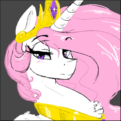 Size: 512x512 | Tagged: safe, artist:thelunarmoon, imported from derpibooru, princess celestia, alicorn, pony, blushing, crown, different strokes, female, gray background, horn, jewelry, lidded eyes, looking at you, mare, peytral, pink-mane celestia, regalia, simple background, solo, wings