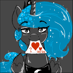 Size: 512x512 | Tagged: safe, artist:thelunarmoon, imported from derpibooru, princess luna, alicorn, pony, blushing, card, crown, different strokes, female, gray background, horn, jewelry, lidded eyes, looking at you, mare, mouth hold, peytral, regalia, simple background, solo, wings