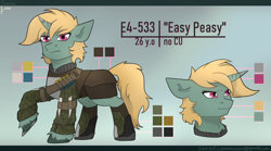 Size: 2700x1500 | Tagged: safe, artist:sinrinf, imported from derpibooru, oc, oc only, oc:e4-533, oc:easy peasy, pony, unicorn, fallout equestria, clothes, commission, female, foe adventures, horn, mare, reference sheet, solo, synth, unicorn oc, ych result, your character here