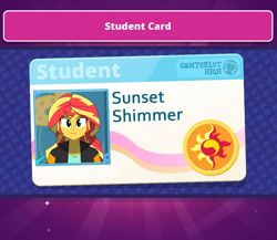 Size: 1124x976 | Tagged: safe, alternate version, artist:altynp, imported from derpibooru, part of a set, sunset shimmer, human, equestria girls, friendship games, female, id card, smiling, solo