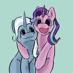 Size: 2048x2048 | Tagged: safe, artist:nuclearspaghetti, imported from derpibooru, starlight glimmer, trixie, pony, unicorn, arm on shoulder, female, green background, hug, lesbian, open mouth, open smile, shipping, simple background, smiling, startrix