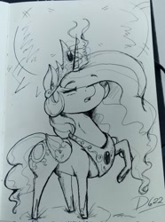 Size: 1524x2048 | Tagged: safe, artist:thelunarmoon, imported from derpibooru, princess celestia, alicorn, pony, crown, eyes closed, female, folded wings, hoof shoes, horn, jewelry, magic, mare, peytral, regalia, sketch, solo, sun work, traditional art, wings