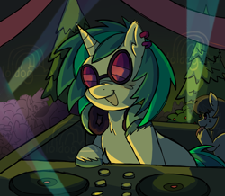 Size: 2376x2071 | Tagged: safe, artist:loldog06, imported from derpibooru, dj pon-3, octavia melody, vinyl scratch, earth pony, pony, unicorn, concert, crowd, cute, female, mare, party, rave, solo focus, turntable, vinylbetes