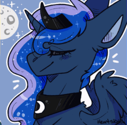 Size: 607x600 | Tagged: safe, artist:heart-sketch, imported from derpibooru, princess luna, alicorn, pony, animated, beanbrows, bust, crown, eyebrows, eyebrows visible through hair, eyes closed, female, frame by frame, gif, jewelry, mare, moon, night, portrait, regalia, signature, smiling, solo, squigglevision, stars
