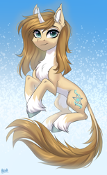 Size: 2000x3250 | Tagged: safe, alternate version, artist:hakaina, imported from derpibooru, oc, oc only, pony, unicorn, abstract background, beautiful, belly, cheek fluff, chest fluff, coat markings, colored, colored belly, concave belly, curved horn, cute, ear fluff, eyebrows, eyelashes, facial markings, female, fluffy, high res, hoof fluff, horn, leg fluff, leonine tail, long tail, looking at you, mare, ocbetes, pale belly, raised hooves, shading, signature, slim, smiling, smiling at you, socks (coat markings), solo, tail, tail fluff, thin, three quarter view, unicorn oc, unshorn fetlocks