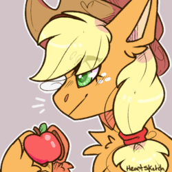 Size: 1000x1000 | Tagged: safe, artist:heart-sketch, imported from derpibooru, applejack, earth pony, pony, animated, apple, applejack's hat, beanbrows, bust, chest fluff, cowboy hat, eye clipping through hair, eyebrows, eyebrows visible through hair, female, food, frame by frame, gif, hat, mare, portrait, signature, simple background, smiling, solo, squigglevision