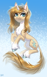 Size: 2000x3250 | Tagged: safe, artist:hakaina, imported from derpibooru, oc, oc only, pony, unicorn, abstract background, beautiful, belly, cheek fluff, chest fluff, coat markings, colored, colored belly, concave belly, curved horn, cute, ear fluff, eyebrows, eyelashes, facial markings, female, fluffy, high res, hoof fluff, horn, leg fluff, leonine tail, long tail, looking at you, mare, ocbetes, pale belly, raised hooves, shading, signature, slim, smiling, smiling at you, socks (coat markings), solo, tail, tail fluff, thin, three quarter view, unicorn oc, unshorn fetlocks