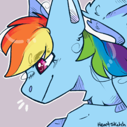 Size: 1000x1000 | Tagged: safe, artist:heart-sketch, imported from derpibooru, rainbow dash, pegasus, pony, animated, beanbrows, bust, emanata, eye clipping through hair, eyebrows, eyebrows visible through hair, female, frame by frame, gif, mare, portrait, signature, simple background, smiling, solo, squigglevision