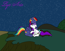 Size: 2494x1958 | Tagged: safe, artist:linedraweer, imported from derpibooru, oc, oc only, oc:flora, oc:rainbow lightspeed, earth pony, pegasus, pony, crying, cuddling, earth pony oc, folded wings, hug, night, pegasus oc, stars, wings