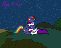 Size: 2494x1958 | Tagged: safe, artist:linedraweer, imported from derpibooru, oc, oc only, oc:flora, oc:rainbow lightspeed, earth pony, pegasus, pony, crying, cuddling, earth pony oc, folded wings, hug, night, pegasus oc, stars, wings