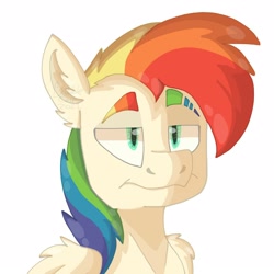 Size: 1600x1600 | Tagged: safe, artist:bubblecalf, imported from derpibooru, oc, oc only, oc:shooting star, pegasus, pony, bust, ear fluff, eyebrow slit, eyebrows, flight of the valkyrie, multicolored hair, pegasus oc, rainbow hair, simple background, solo, the tale of two sisters, white background, wing fluff, wings