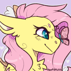 Size: 1000x1000 | Tagged: safe, artist:heart-sketch, imported from derpibooru, fluttershy, butterfly, pegasus, pony, animated, beanbrows, bust, butterfly on nose, chest fluff, eyebrows, female, floppy ears, frame by frame, gif, heart, insect on nose, looking at something, mare, outline, pink background, portrait, profile, signature, simple background, smiling, solo, squigglevision