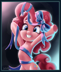 Size: 1700x2000 | Tagged: safe, artist:justgaduh, imported from derpibooru, pinkie pie, earth pony, pony, bipedal, bow, cute, diapinkes, female, grin, hooves in air, looking at you, mare, outstretched arms, ribbon, signature, smiling, smiling at you, solo