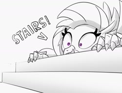 Size: 1427x1086 | Tagged: safe, artist:pabbley, imported from derpibooru, silverstream, classical hippogriff, hippogriff, cute, diastreamies, female, grayscale, irrational exuberance, monochrome, partial color, simple background, smiling, solo, stairs, that hippogriff sure does love stairs, white background