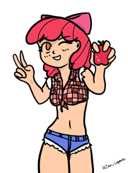 Size: 1077x1456 | Tagged: safe, artist:zan logemlor, imported from derpibooru, apple bloom, human, belly button, clothes, daisy dukes, flannel, front knot midriff, humanized, midriff, one eye closed, peace sign, shorts, simple background, smiling, solo, white background, wink