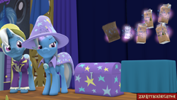 Size: 1920x1080 | Tagged: safe, artist:zapattackinflation, imported from derpibooru, jack pot, trixie, earth pony, pony, series:trixie's eggnog trick, 3d, bag, cape, clothes, devious smile, eggnog, father and child, father and daughter, female, glass, hat, magic, male, photo, poster, sequence, source filmmaker, stage, table, telekinesis, trixie's cape, trixie's hat, trixie's wagon, wagon, watermark