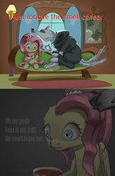 Size: 2144x3268 | Tagged: safe, artist:ciborgen, imported from derpibooru, fluttershy, anthro, digitigrade anthro, pegasus, pony, wolf, creepy, crossover, cup, death (puss in boots), dialogue, dreamworks, duo, female, fluttershy's cottage, grim reaper, high res, male, mare, older, older fluttershy, puss in boots (film), puss in boots: the last wish, shrek, tail, tail wag, teacup, this will end in death, this will end in tears, this will end in tears and/or death, this will not end well