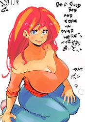 Size: 1400x2000 | Tagged: safe, artist:sozglitch, imported from derpibooru, sunset shimmer, human, equestria girls, big breasts, bilingual, breasts, busty sunset shimmer, cleavage, clothes, denim, english, huge breasts, japanese, jeans, kneeling, looking at you, off shoulder, pants, simple background, smiling, smiling at you, solo, talking to viewer, white background