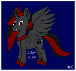 Size: 856x791 | Tagged: safe, artist:lucytwostickz, imported from derpibooru, oc, oc only, oc:scarlet shadow, alicorn, pony, 2022, alicorn oc, art trade, blue background, horn, old art, red and black mane, red and black oc, red eyes, simple background, solo, wings