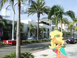 Size: 1024x768 | Tagged: safe, artist:vector-brony, imported from derpibooru, applejack, earth pony, pony, alternate hairstyle, applejewel, bedroom eyes, beverly hills, california, car, clothes, dress, female, irl, mare, palm tree, photo, ponies in real life, road, solo, tree