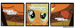 Size: 720x275 | Tagged: safe, edit, edited screencap, imported from ponybooru, screencap, applejack, earth pony, apple family reunion, a softer world, comic, female, looking up, mare, reincarnation, rug, screencap comic, solo, text