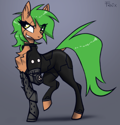 Size: 1520x1591 | Tagged: safe, artist:fenixdust, imported from twibooru, oc, oc only, oc:fokienia, earth pony, pony, amputee, augmented, chest fluff, clothes, cybernetic legs, ear fluff, female, gradient background, image, mare, png, prosthetic leg, prosthetic limb, prosthetics, raised leg, seams, signature, solo