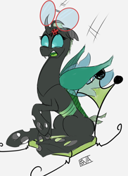 Size: 4000x5500 | Tagged: safe, artist:evan555alpha, imported from ponybooru, oc, oc only, oc:yvette (evan555alpha), changeling, insect, ladybug, broach, changeling oc, colored sketch, dorsal fin, elytra, evan's daily buggo ii, falling, fangs, female, furniture abuse, glasses, open mouth, round glasses, signature, simple background, sketch, solo, spread wings, surprised, white background, wide mouth, wings