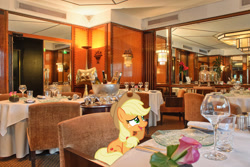 Size: 2048x1367 | Tagged: safe, artist:estories, artist:jaredking779, edit, imported from derpibooru, applejack, earth pony, pony, chair, cowboy hat, female, france, hat, irl, mare, open mouth, paris, photo, ponies in real life, restaurant, sitting, smiling, solo, stetson