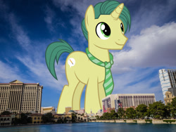 Size: 1024x768 | Tagged: safe, artist:jaredking779, artist:starryshineviolet, imported from derpibooru, dandy dispatch, pony, unicorn, background pony, giant pony, highrise ponies, irl, las vegas, macro, male, necktie, nevada, photo, ponies in real life, smiling, solo, stallion, story included