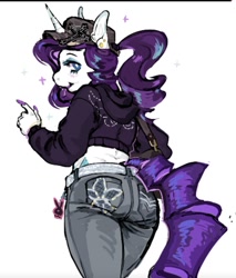 Size: 790x927 | Tagged: safe, artist:devilshotlunch, imported from derpibooru, rarity, anthro, unicorn, ass, baseball cap, butt, cap, clothes, denim, female, hat, hoodie, jeans, long nails, looking at you, looking back, looking back at you, mare, pants, ponytail, rearity, simple background, solo, white background