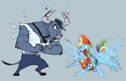 Size: 1280x824 | Tagged: safe, artist:chub-wub, imported from derpibooru, iron will, rainbow dash, minotaur, pegasus, pony, blue background, clothes, duo, fangs, female, flag, flapping wings, flexing, hype, hype man, male, mare, motion lines, muscles, necktie, open mouth, shirt, simple background, t-shirt, torn clothes, wings, yelling