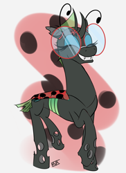 Size: 4000x5500 | Tagged: safe, artist:evan555alpha, imported from ponybooru, oc, oc only, oc:yvette (evan555alpha), changeling, insect, ladybug, antennae, broach, changeling oc, clothes, colored sketch, cosplay, costume, dorsal fin, ear clip, evan's daily buggo ii, eyes closed, fangs, female, glasses, grin, happy, happy dance, prancing, raised hoof, raised leg, round glasses, shell, signature, simple background, sketch, smiling, solo