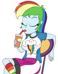 Size: 850x1080 | Tagged: safe, artist:roseluck, derpibooru exclusive, imported from derpibooru, rainbow dash, human, equestria girls, mirror magic, spoiler:eqg specials, big breasts, breasts, busty rainbow dash, chair, clothes, colored sketch, cropped, crossed legs, cup, cutie mark, cutie mark on clothes, drink, drinking, drinking straw, eyes closed, female, holding, jacket, kneesocks, missing accessory, rainbow socks, scene interpretation, shirt, shorts, shorts under skirt, simple background, sitting, skirt, socks, solo, striped socks, t-shirt, three quarter view, white background