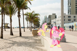 Size: 1600x1068 | Tagged: safe, artist:regolithx, artist:sollace, imported from derpibooru, fluttershy, pacific glow, earth pony, pegasus, pony, beach, bipedal, clothes, dancing, extended trot pose, eyes closed, female, florida, glowstick, hollywood, irl, jewelry, leg warmers, mare, necklace, pacifier, palm tree, photo, ponies in real life, tree