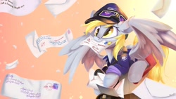 Size: 1920x1080 | Tagged: safe, artist:sketchiix3, imported from derpibooru, derpy hooves, pegasus, pony, :3, cap, clothes, female, hat, letter, mail, mailbox, mailmare, mailmare hat, mare, mouth hold, solo, spread wings, uniform, wings