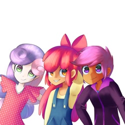 Size: 1200x1200 | Tagged: safe, artist:andromedasparkz, imported from derpibooru, apple bloom, scootaloo, sweetie belle, human, arm behind head, cutie mark crusaders, female, humanized, looking at you, simple background, smiling, white background