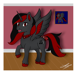 Size: 890x857 | Tagged: safe, artist:lucytwostickz, imported from derpibooru, oc, oc:scarlet shadow, alicorn, pony, alicorn oc, female, horn, mare, red and black mane, red and black oc, red eyes, solo, wings