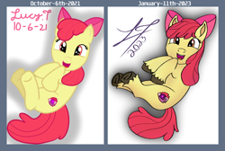 Size: 1466x988 | Tagged: safe, artist:lucytwostickz, imported from derpibooru, apple bloom, earth pony, pony, comparison, female, filly, foal, side by side, solo, unshorn fetlocks