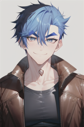Size: 512x768 | Tagged: safe, editor:sammykun, imported from derpibooru, flash sentry, human, equestria girls, ai content, ai generated, bust, clothes, generator:stable diffusion, half body, handsome, humanized, jacket, leather, leather jacket, looking at you, male, portrait, serious, shirt, smiling, solo, thick eyebrows